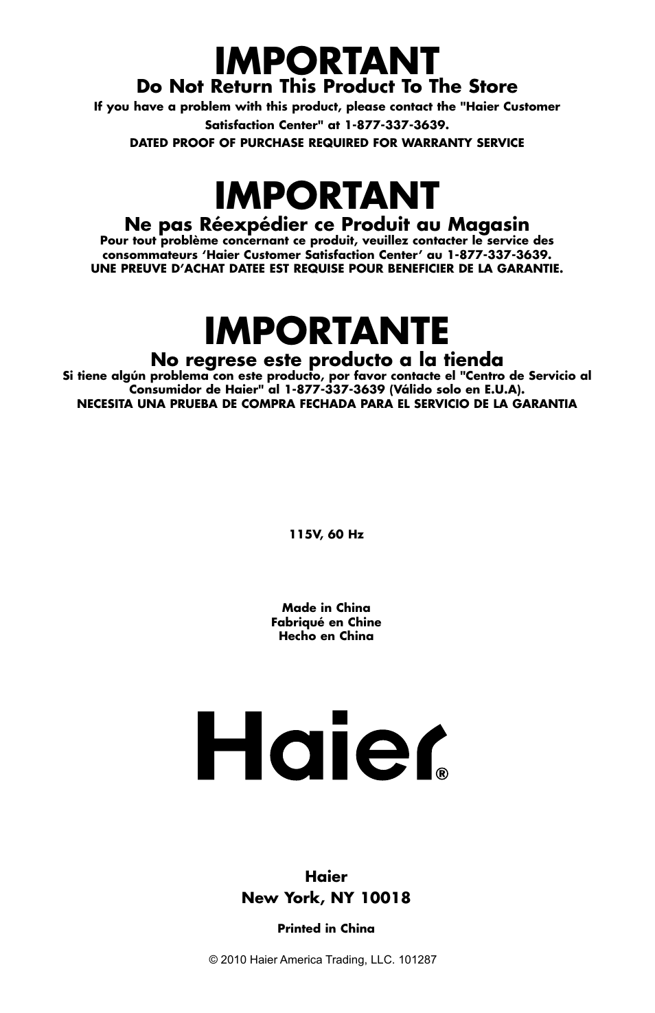 Important, Importante, Do not return this product to the store | Ne pas réexpédier ce produit au magasin, No regrese este producto a la tienda | haier DD400RS User Manual | Page 40 / 40