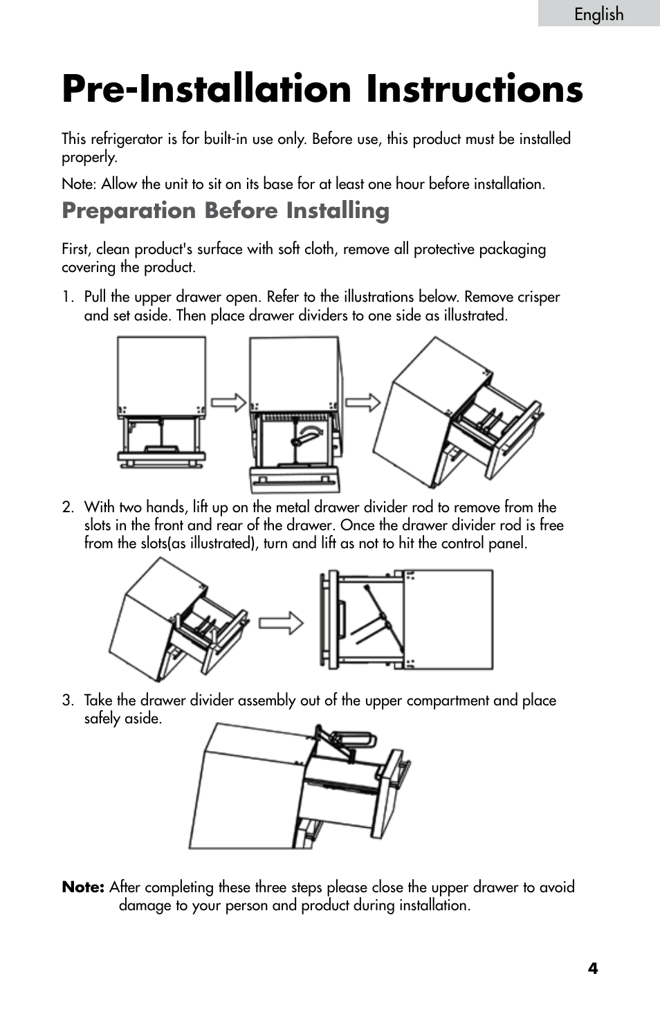 Pre-installation instructions, Preparation before installing | haier DD400RS User Manual | Page 5 / 40