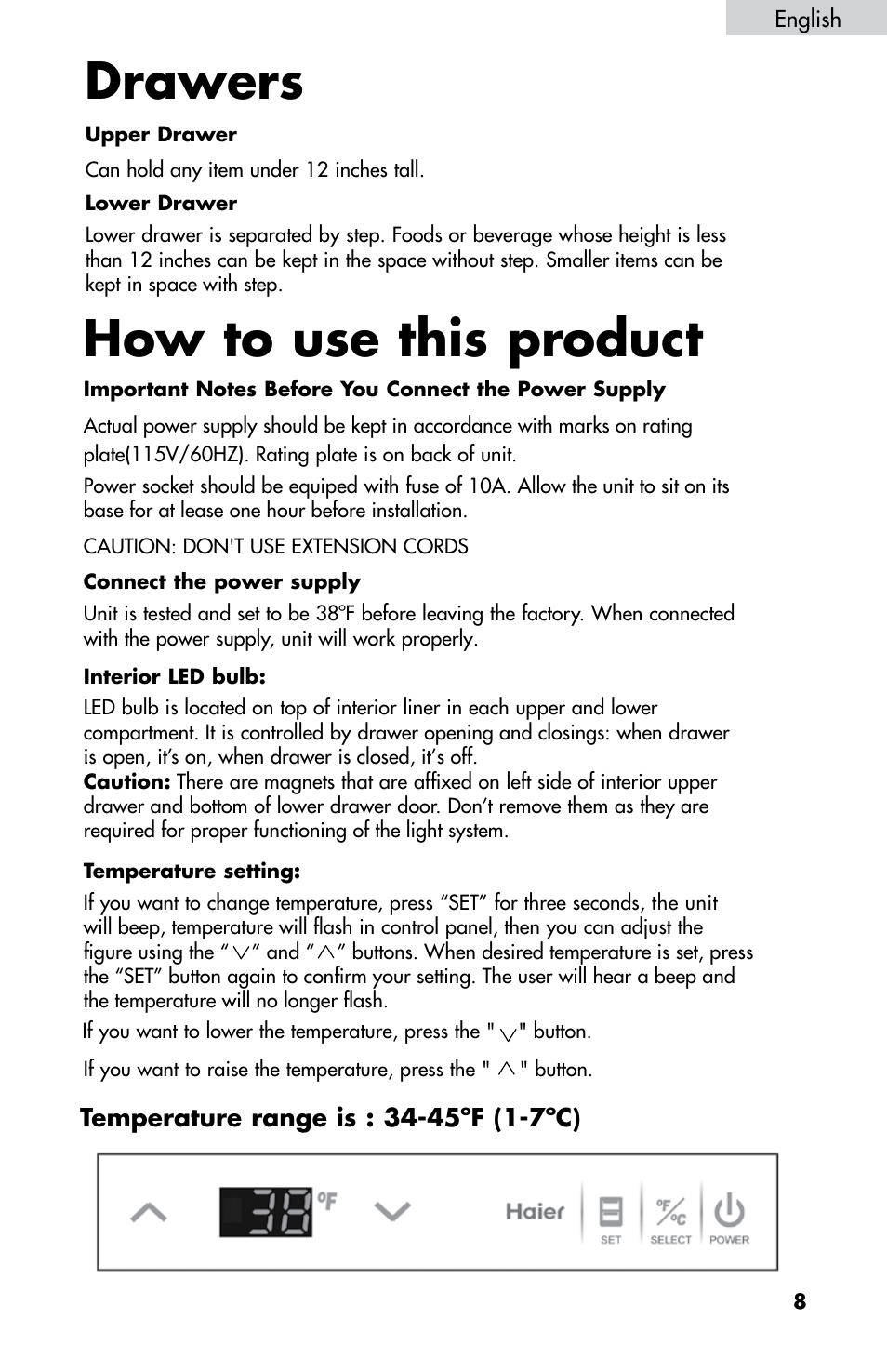 How to use this product, Drawers | haier DD400RS User Manual | Page 9 / 40