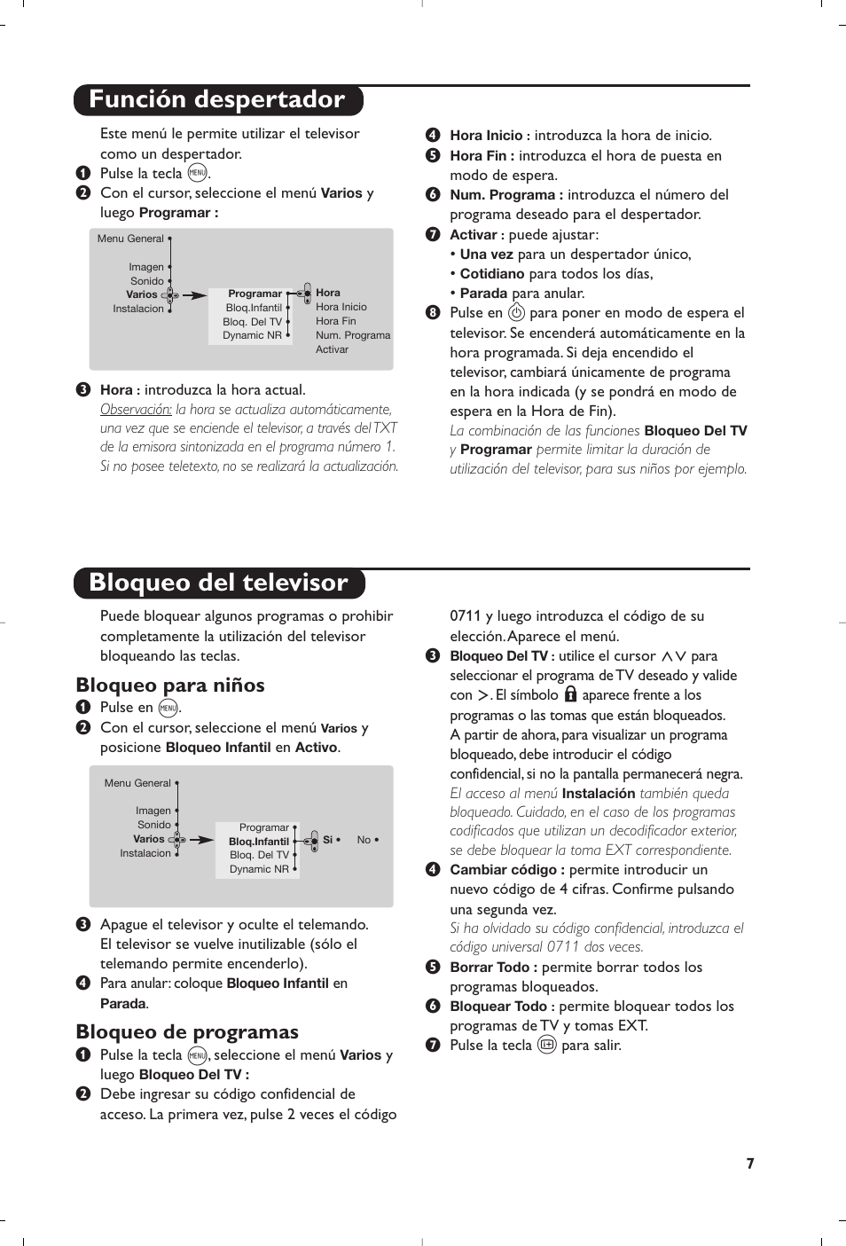 Función despertador bloqueo del televisor, Bloqueo para niños, Bloqueo de programas | Philips 29PT8609 User Manual | Page 21 / 112