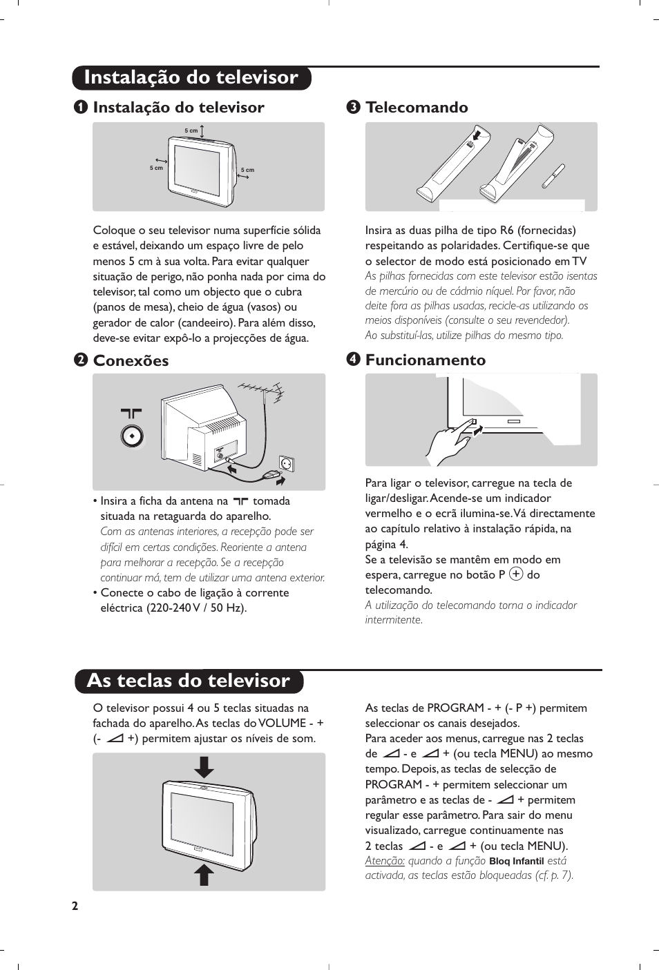 Instalação do televisor as teclas do televisor, Instalação do televisor, Conexões | Telecomando, Funcionamento | Philips 29PT8609 User Manual | Page 28 / 112