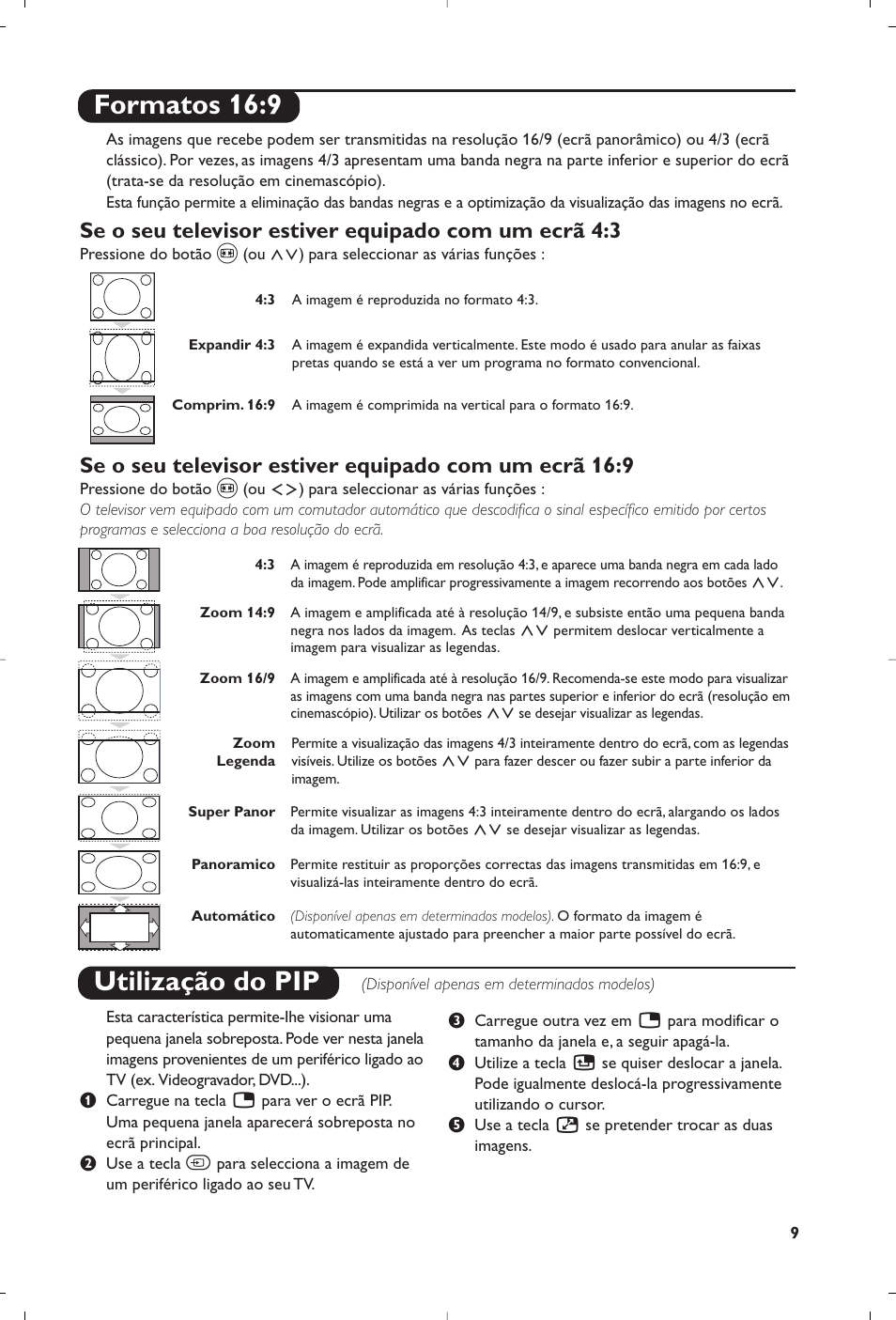 Formatos 16:9, Utilização do pip | Philips 29PT8609 User Manual | Page 35 / 112