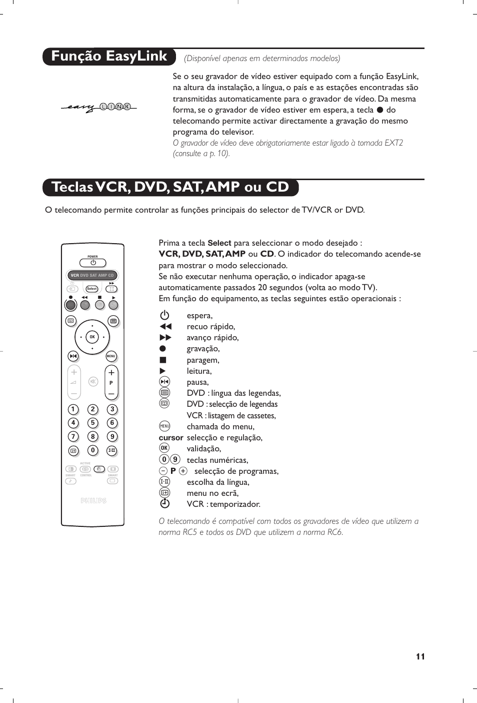 Teclas vcr, dvd, sat,amp ou cd função easylink | Philips 29PT8609 User Manual | Page 37 / 112