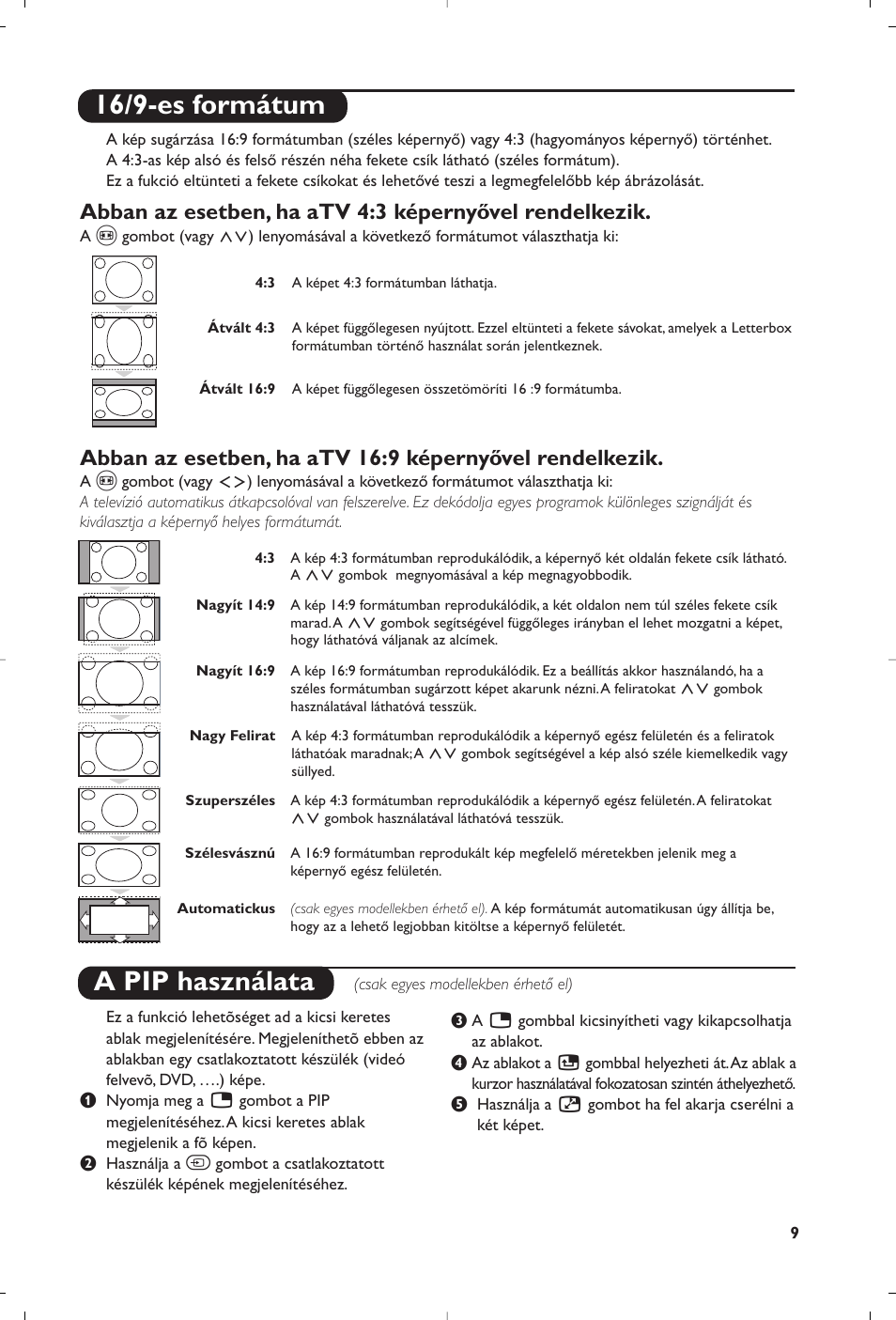 16/9-es formátum, A pip használata | Philips 29PT8609 User Manual | Page 47 / 112