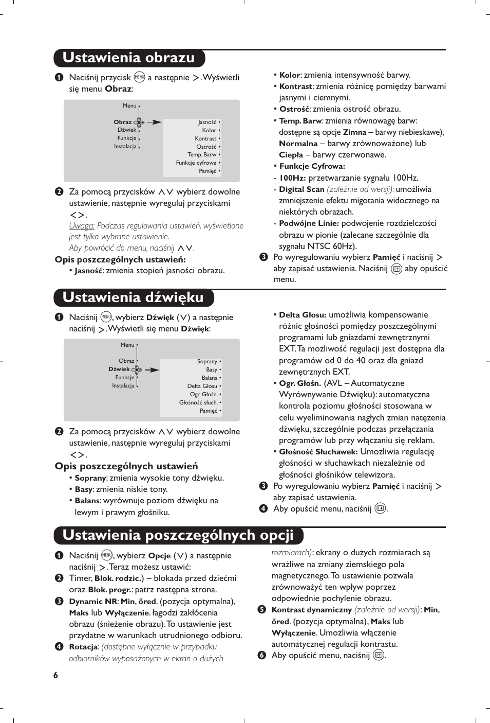 Ustawienia obrazu ustawienia dźwięku, Ustawienia poszczególnych opcji | Philips 29PT8609 User Manual | Page 68 / 112