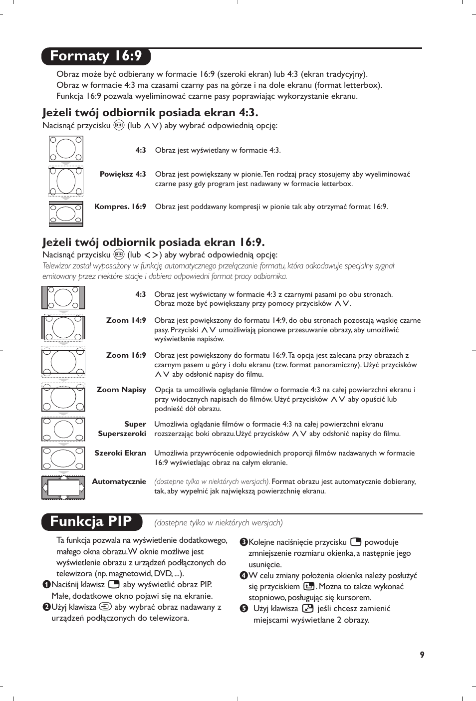 Formaty 16:9, Funkcja pip, Jeżeli twój odbiornik posiada ekran 4:3 | Jeżeli twój odbiornik posiada ekran 16:9 | Philips 29PT8609 User Manual | Page 71 / 112