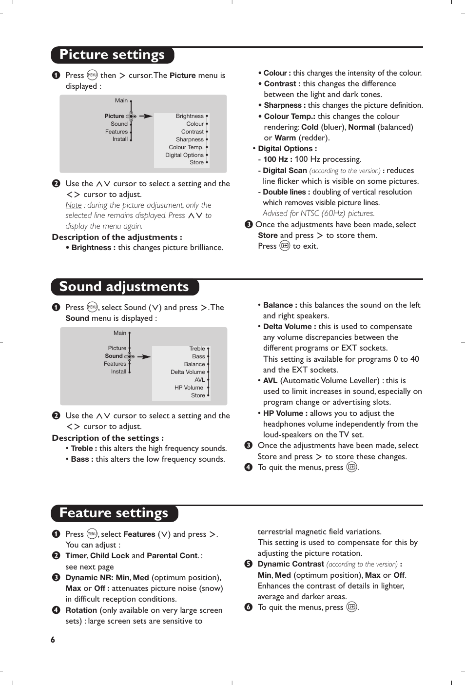 Picture settings sound adjustments, Feature settings | Philips 29PT8609 User Manual | Page 8 / 112