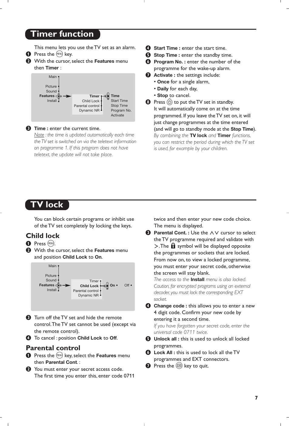 Timer function tv lock, Child lock, Parental control | Philips 29PT8609 User Manual | Page 9 / 112