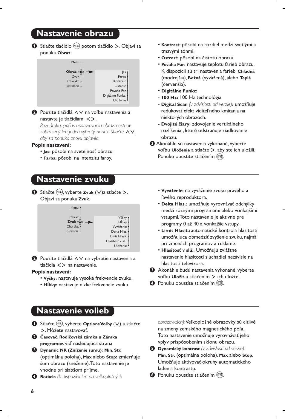 Nastavenie obrazu nastavenie zvuku, Nastavenie volieb | Philips 29PT8609 User Manual | Page 92 / 112