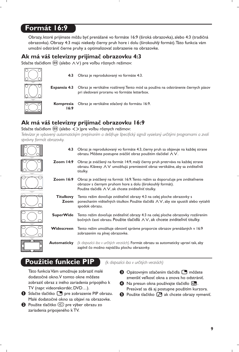 Formát 16:9, Použitie funkcie pip, Ak má váš televízny prijímač obrazovku 4:3 | Ak má váš televízny prijímač obrazovku 16:9 | Philips 29PT8609 User Manual | Page 95 / 112