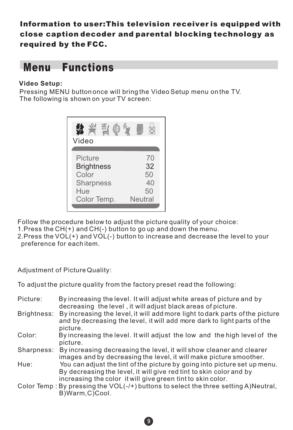 Menu functions | haier TDC1354AD User Manual | Page 10 / 32