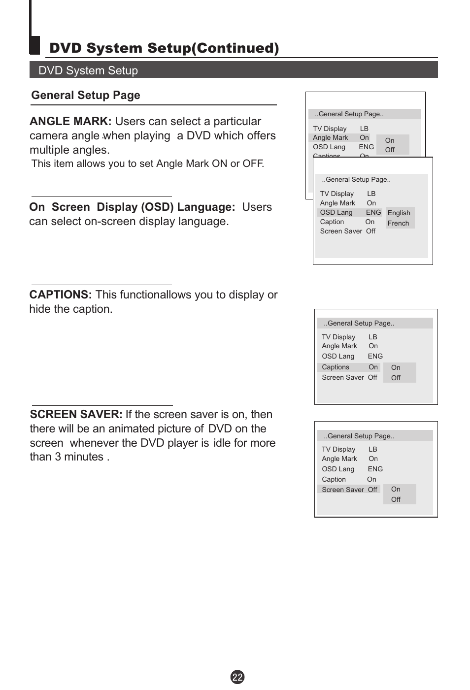 Dvd system setup(continued), This item allows you to set angle mark on or off | haier TDC1354AD User Manual | Page 23 / 32