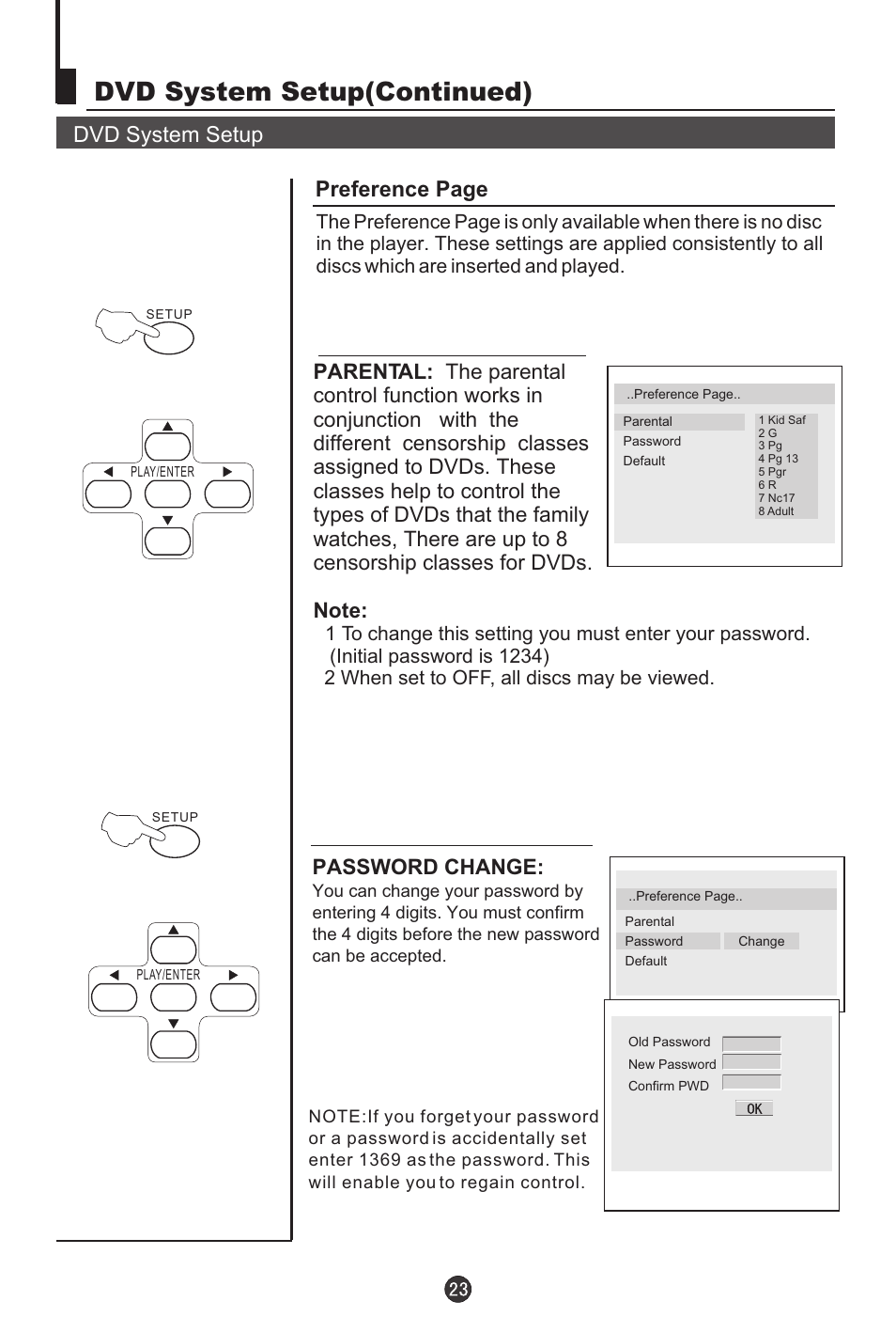 Dvd system setup(continued), Dvd system setup, Preference page | Password change | haier TDC1354AD User Manual | Page 24 / 32