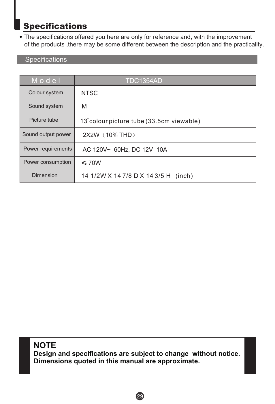 Specifications | haier TDC1354AD User Manual | Page 30 / 32