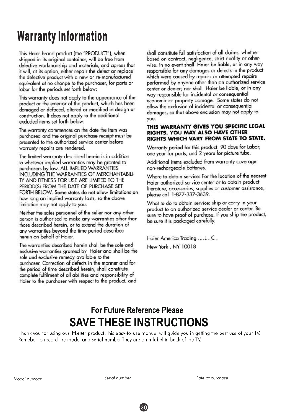 Warranty information, Save these instructions | haier TDC1354AD User Manual | Page 31 / 32