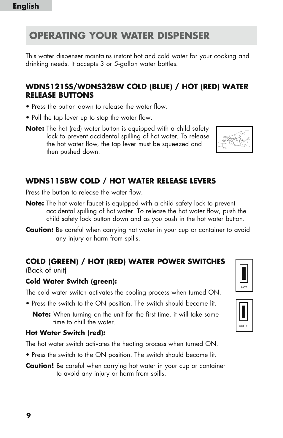 Operating your water dispenser, Hot cold, Wdns115bw cold / hot water release levers | English | haier WDNS121SS User Manual | Page 10 / 44