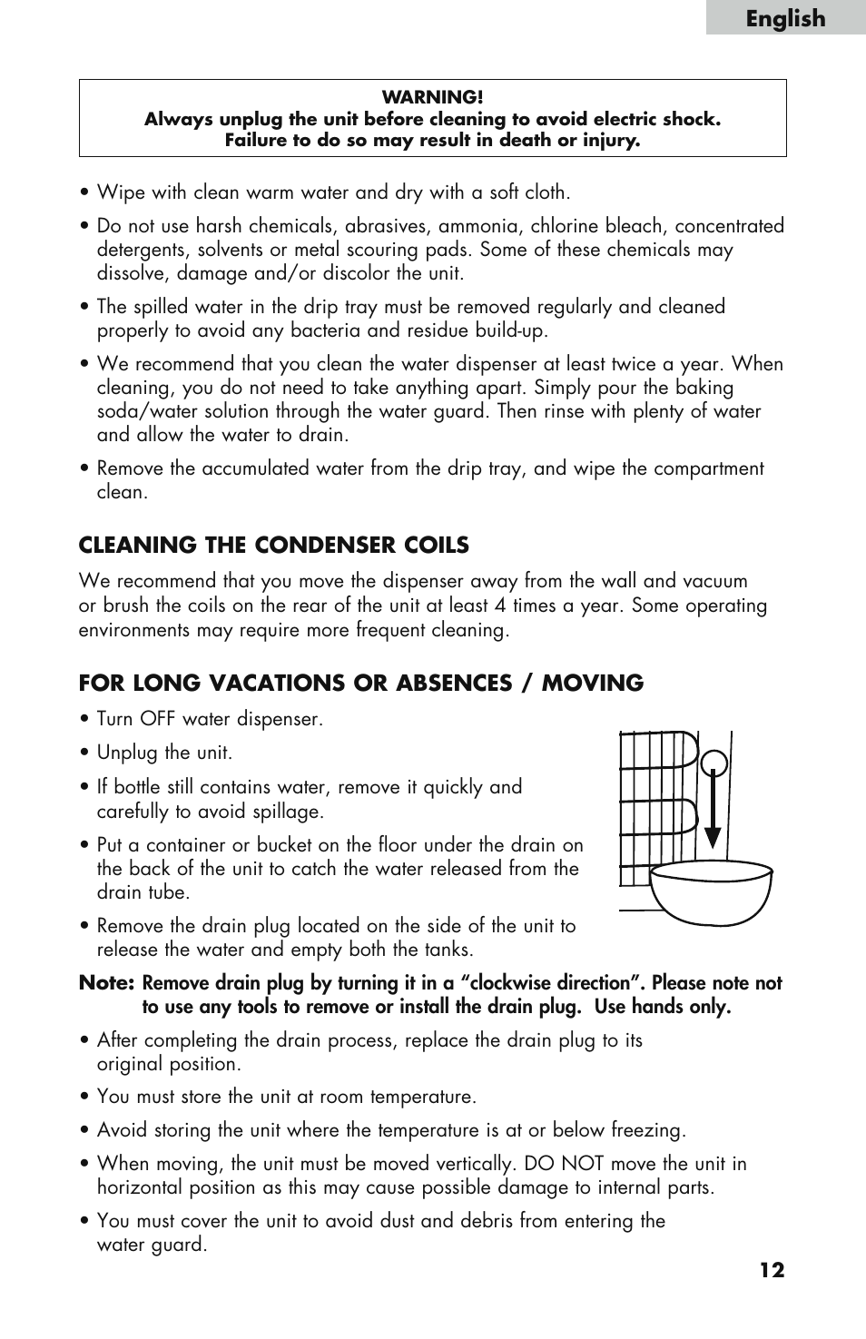 English, Cleaning the condenser coils, For long vacations or absences / moving | haier WDNS121SS User Manual | Page 13 / 44
