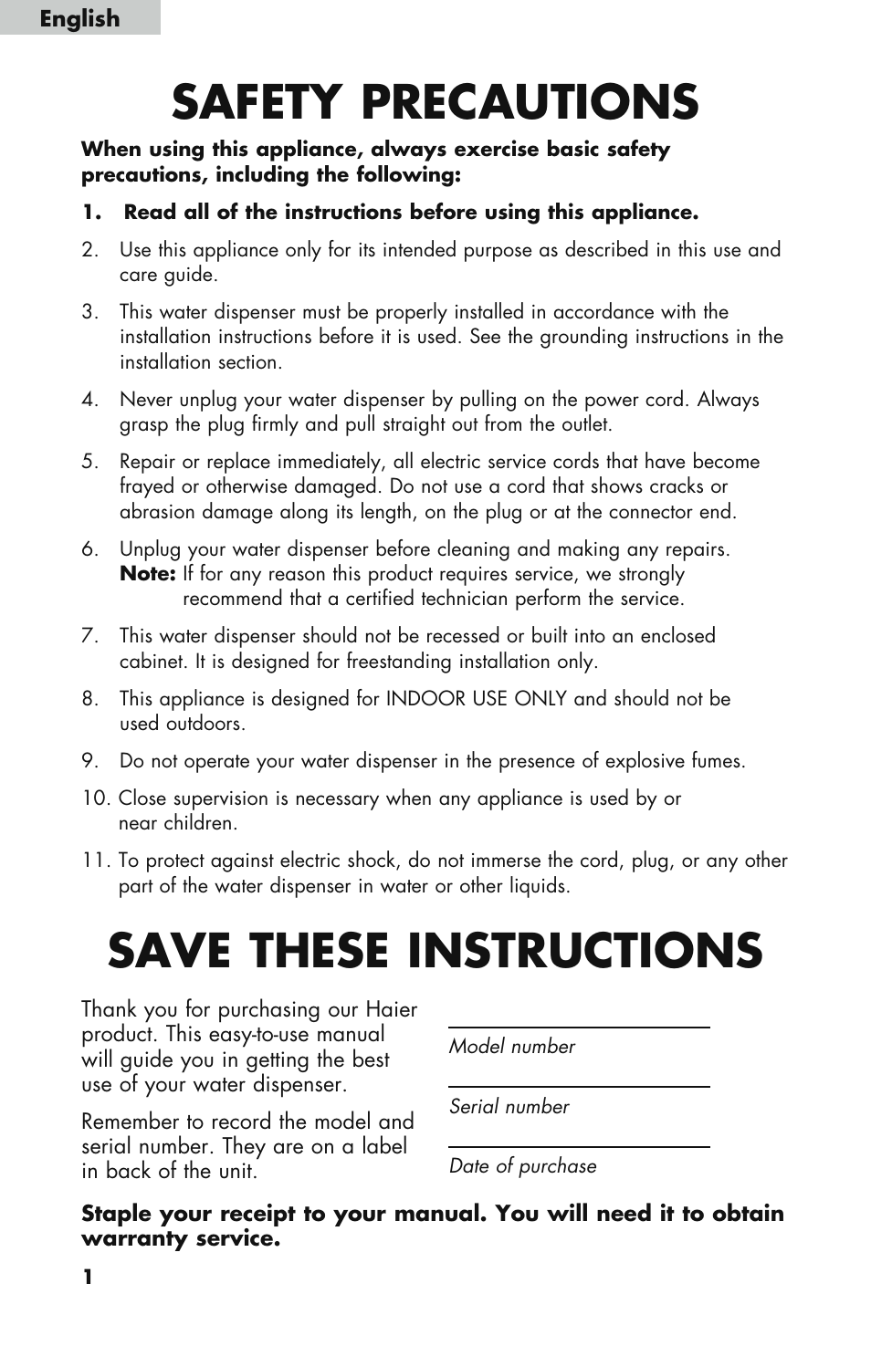 Safety precautions, Save these instructions | haier WDNS121SS User Manual | Page 2 / 44