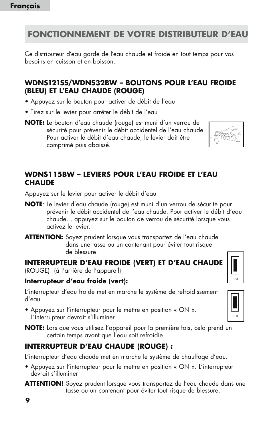 Hot cold, Fonctionnement de votre distributeur d’eau, Interrupteur d’eau froide (vert) et d’eau chaude | Interrupteur d’eau chaude (rouge), Français | haier WDNS121SS User Manual | Page 24 / 44