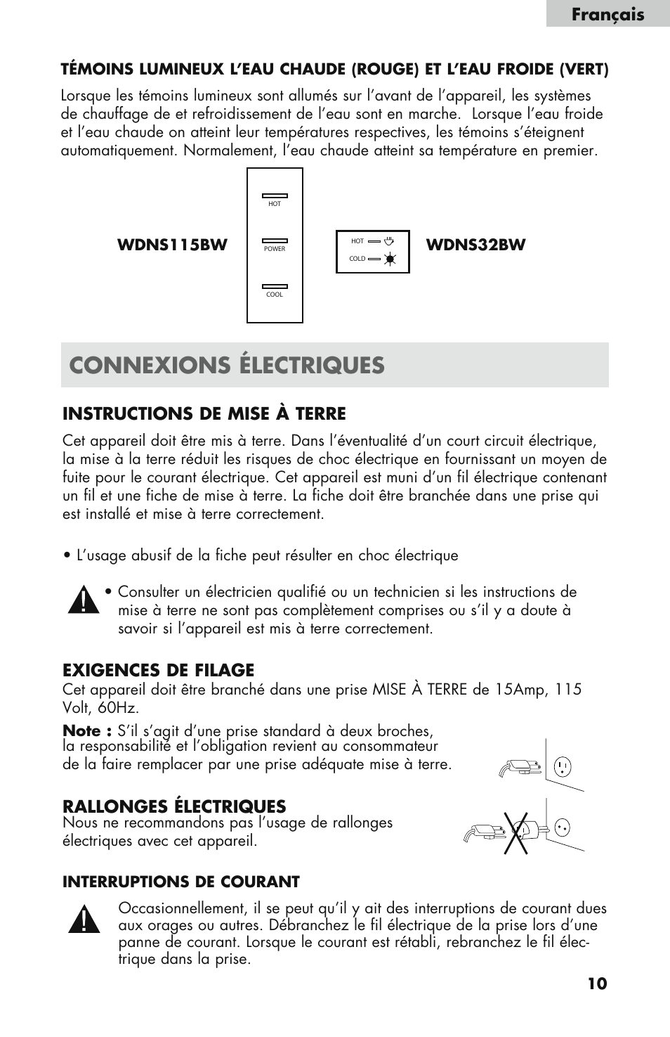Connexions électriques, Instructions de mise à terre, Exigences de filage | Rallonges électriques, Français | haier WDNS121SS User Manual | Page 25 / 44