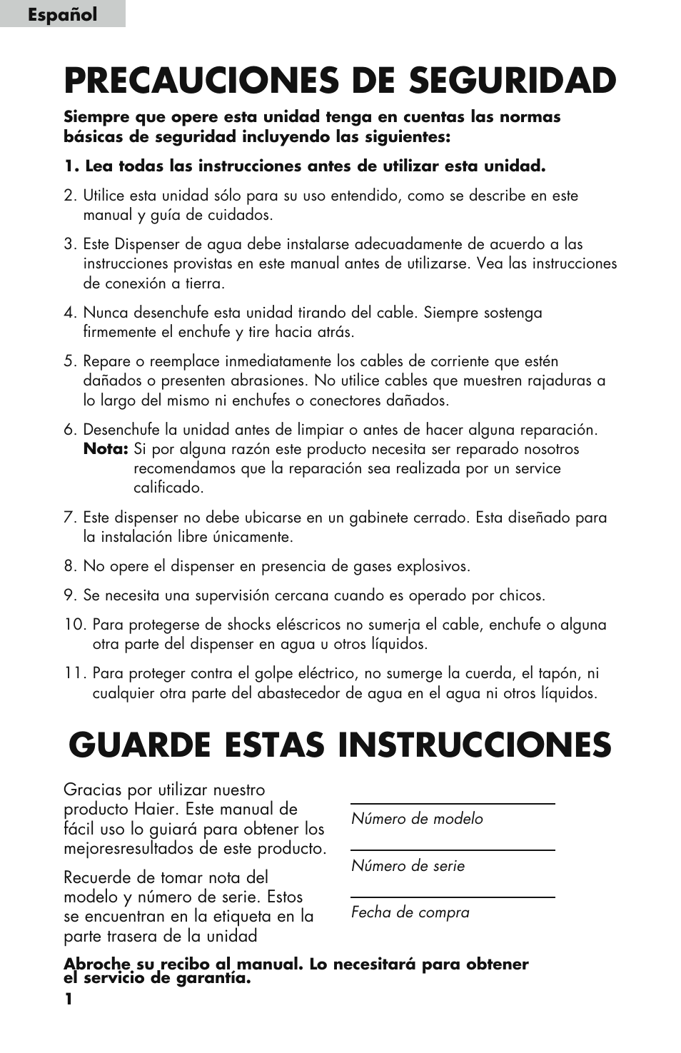 Precauciones de seguridad, Guarde estas instrucciones | haier WDNS121SS User Manual | Page 30 / 44