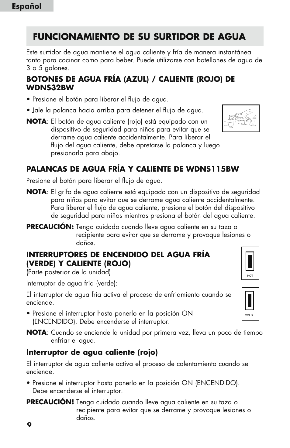 Hot cold, Funcionamiento de su surtidor de agua | haier WDNS121SS User Manual | Page 38 / 44
