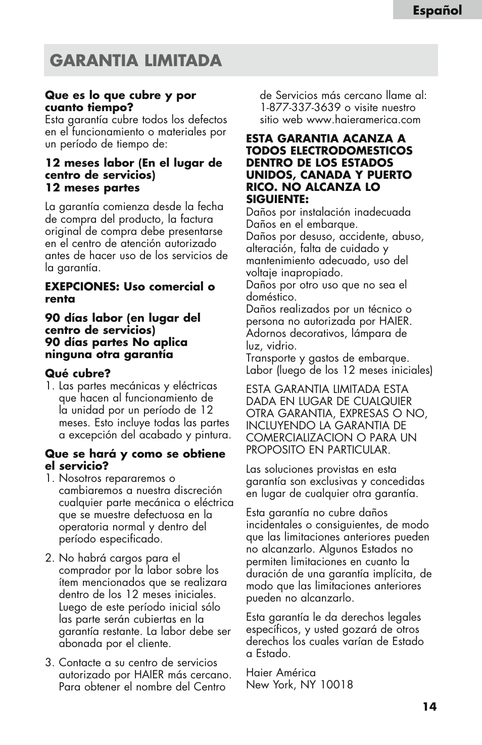 Garantia limitada | haier WDNS121SS User Manual | Page 43 / 44