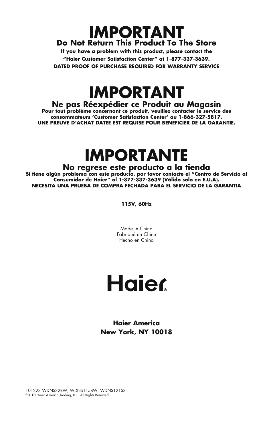 Important, Importante, Do not return this product to the store | Ne pas réexpédier ce produit au magasin, No regrese este producto a la tienda | haier WDNS121SS User Manual | Page 44 / 44