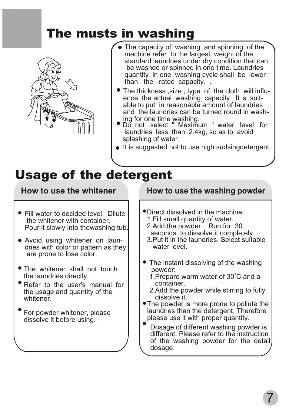 The musts in washing, Usage of the detergent | haier XPB60-111S User Manual | Page 9 / 20