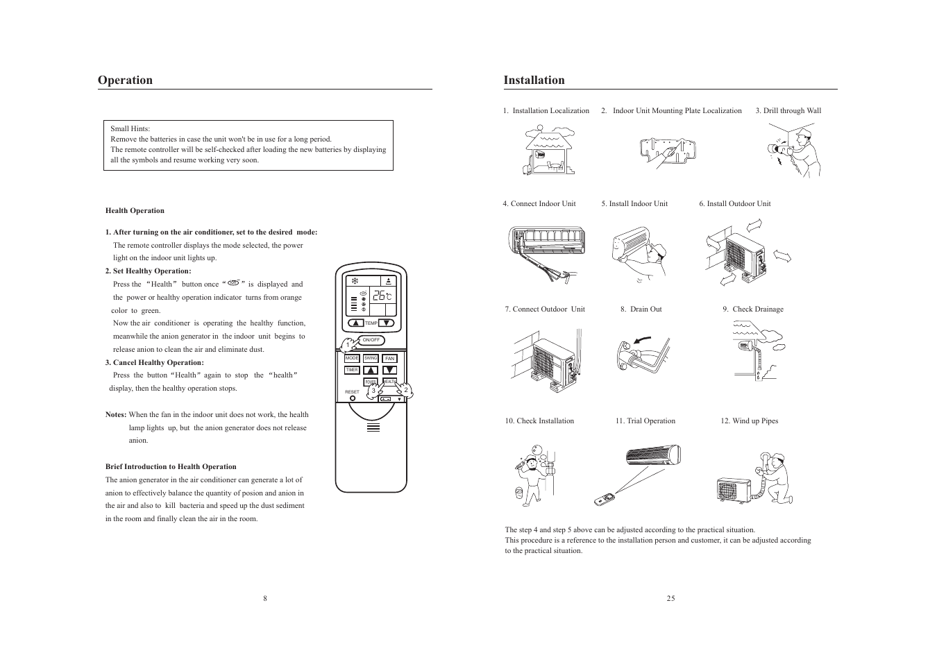 Operation, Installation | haier AS122AYARA User Manual | Page 10 / 18