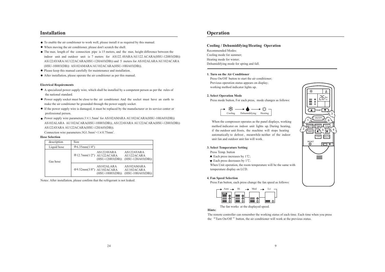Installation, Operation | haier AS122AYARA User Manual | Page 11 / 18
