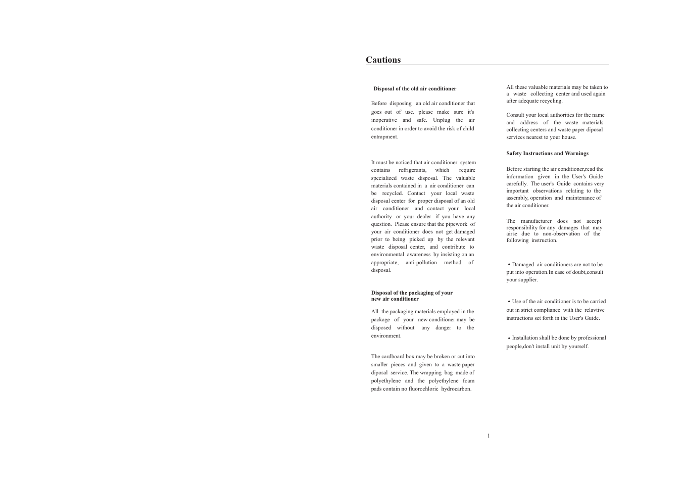 Cautions | haier AS122AYARA User Manual | Page 3 / 18