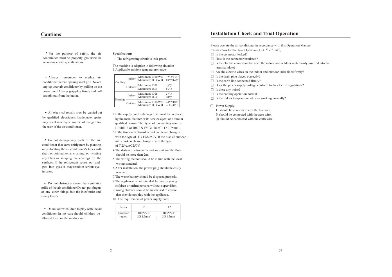 Cautions, Installation check and trial operation | haier AS122AYARA User Manual | Page 4 / 18