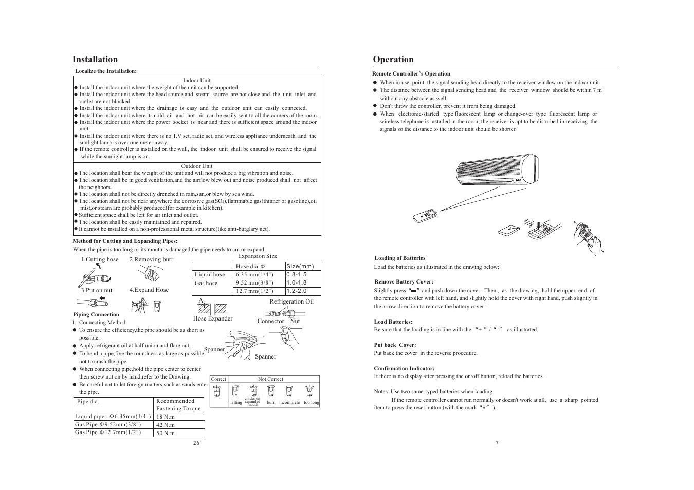 Installation, Operation | haier AS122AYARA User Manual | Page 9 / 18