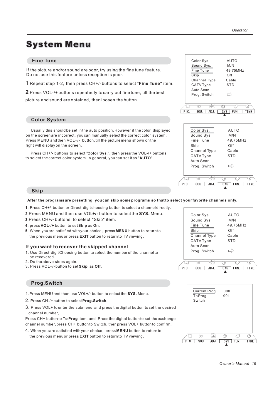 System menu, Color system, Skip | If you want to recover the skipped channel 1, Prog.switch, Fine tune | haier 42EP24STV User Manual | Page 19 / 33