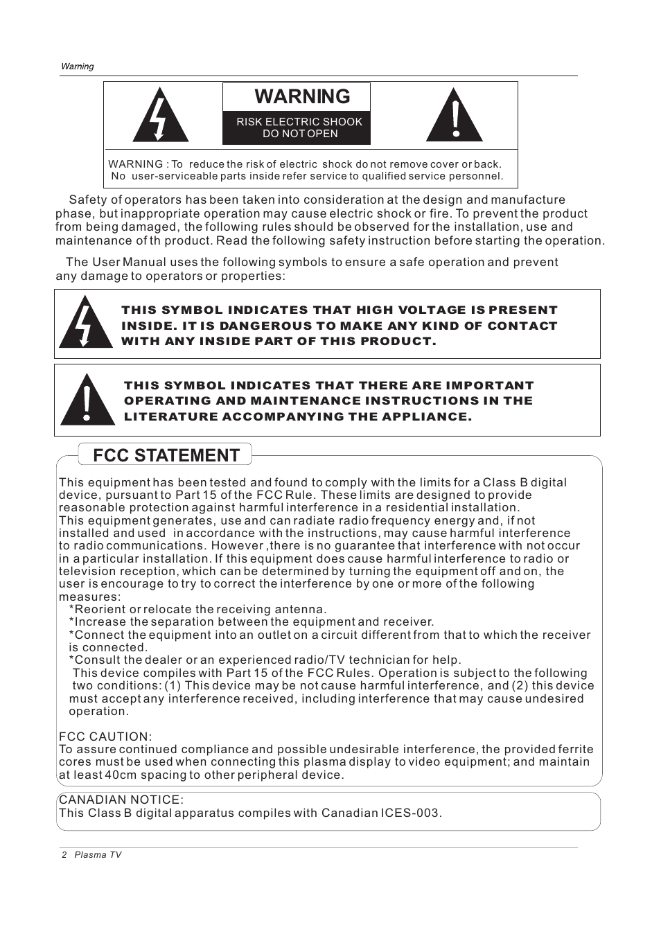 Warning, Fcc statement | haier 42EP24STV User Manual | Page 2 / 33