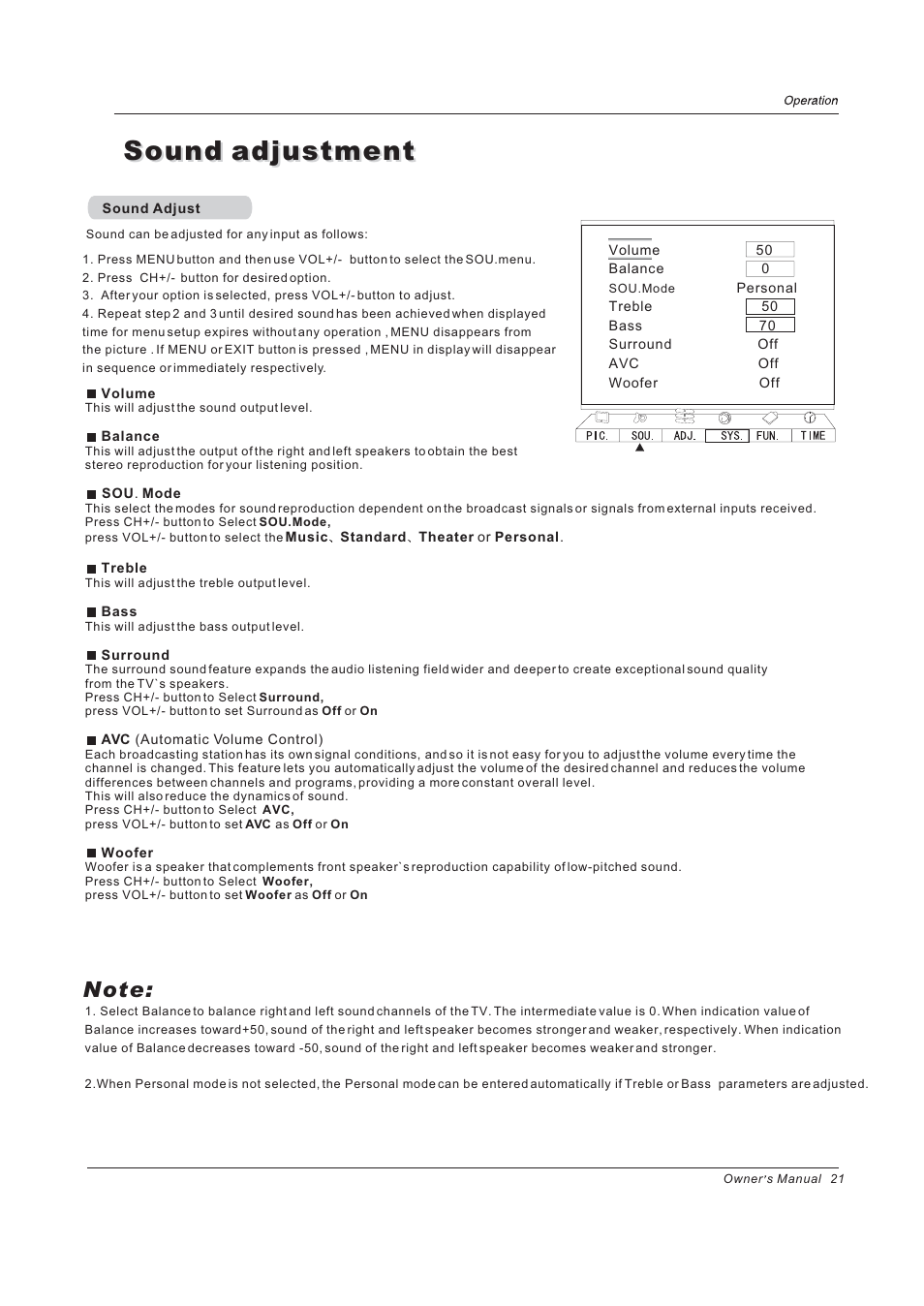 Sound adjustment | haier 42EP24STV User Manual | Page 21 / 33