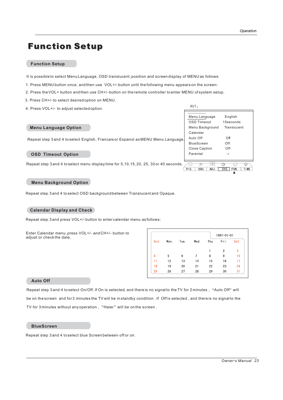 Function setup | haier 42EP24STV User Manual | Page 23 / 33