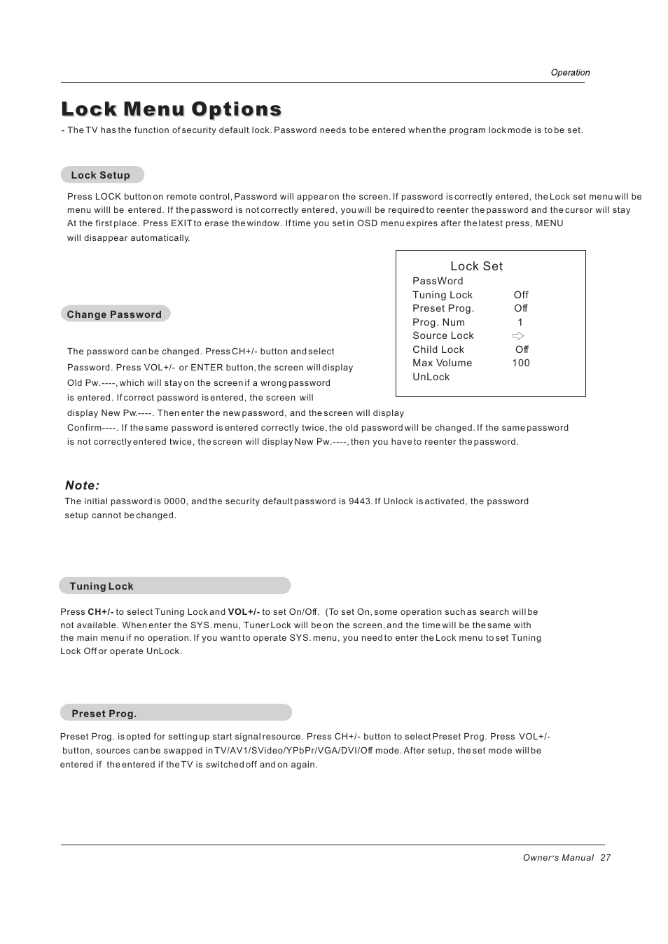 Lock menu options, Lock set | haier 42EP24STV User Manual | Page 27 / 33