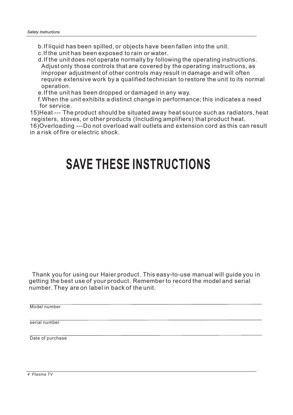 Save these instructions | haier 42EP24STV User Manual | Page 4 / 33