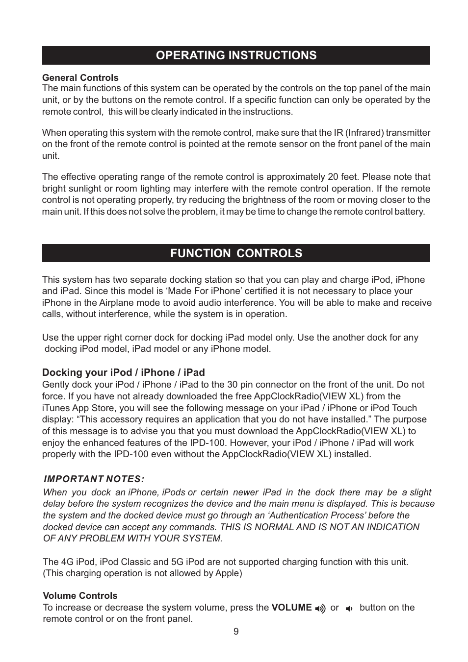 Operating instructions, Function, Controls | haier IPD-100 User Manual | Page 10 / 22