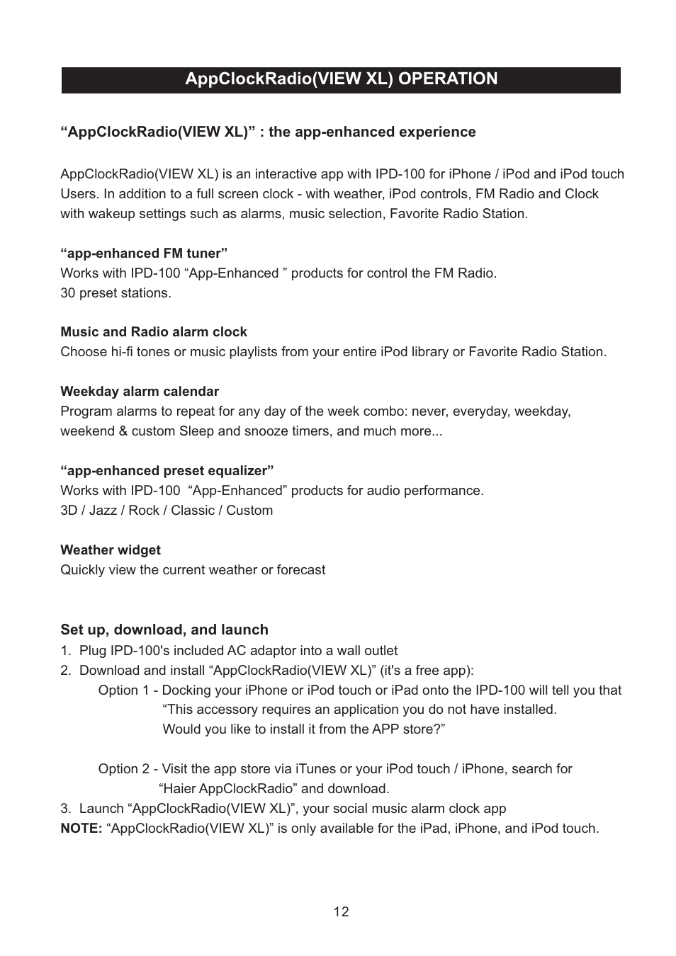 Appclockradio(view xl) operation | haier IPD-100 User Manual | Page 13 / 22