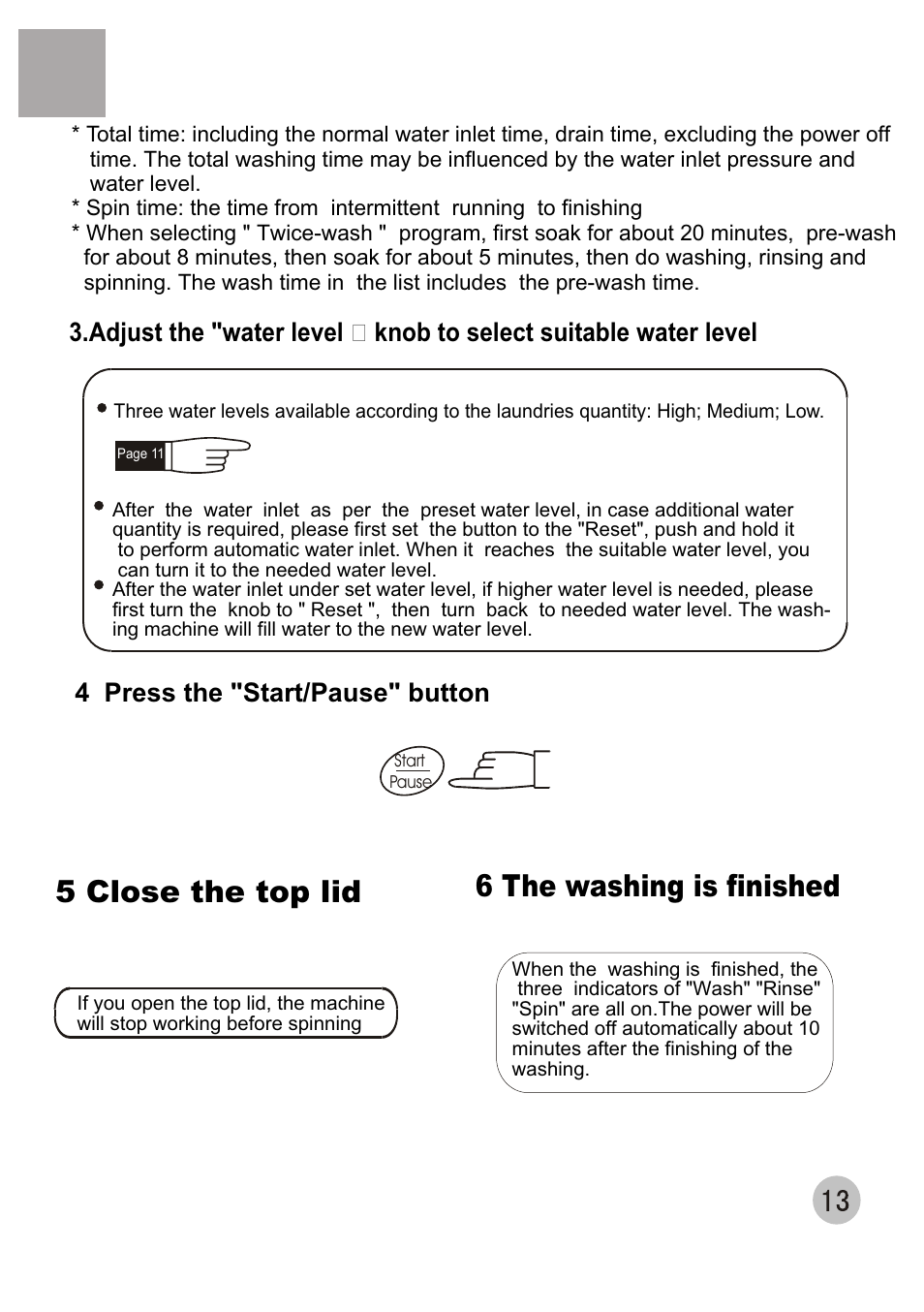 6 the washing is finished 5 close the top lid, 4 press the "start/pause" button | haier XQB50-68 User Manual | Page 15 / 18