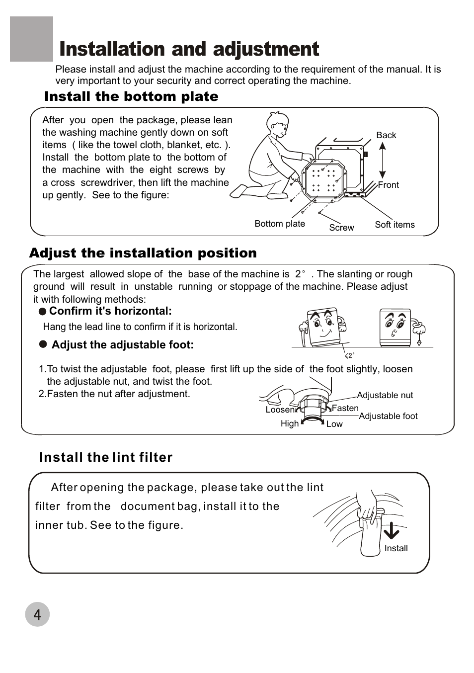 Installation and adjustment, Install the bottom plate, Adjust the installation position | Install the lint filter | haier XQB50-68 User Manual | Page 6 / 18