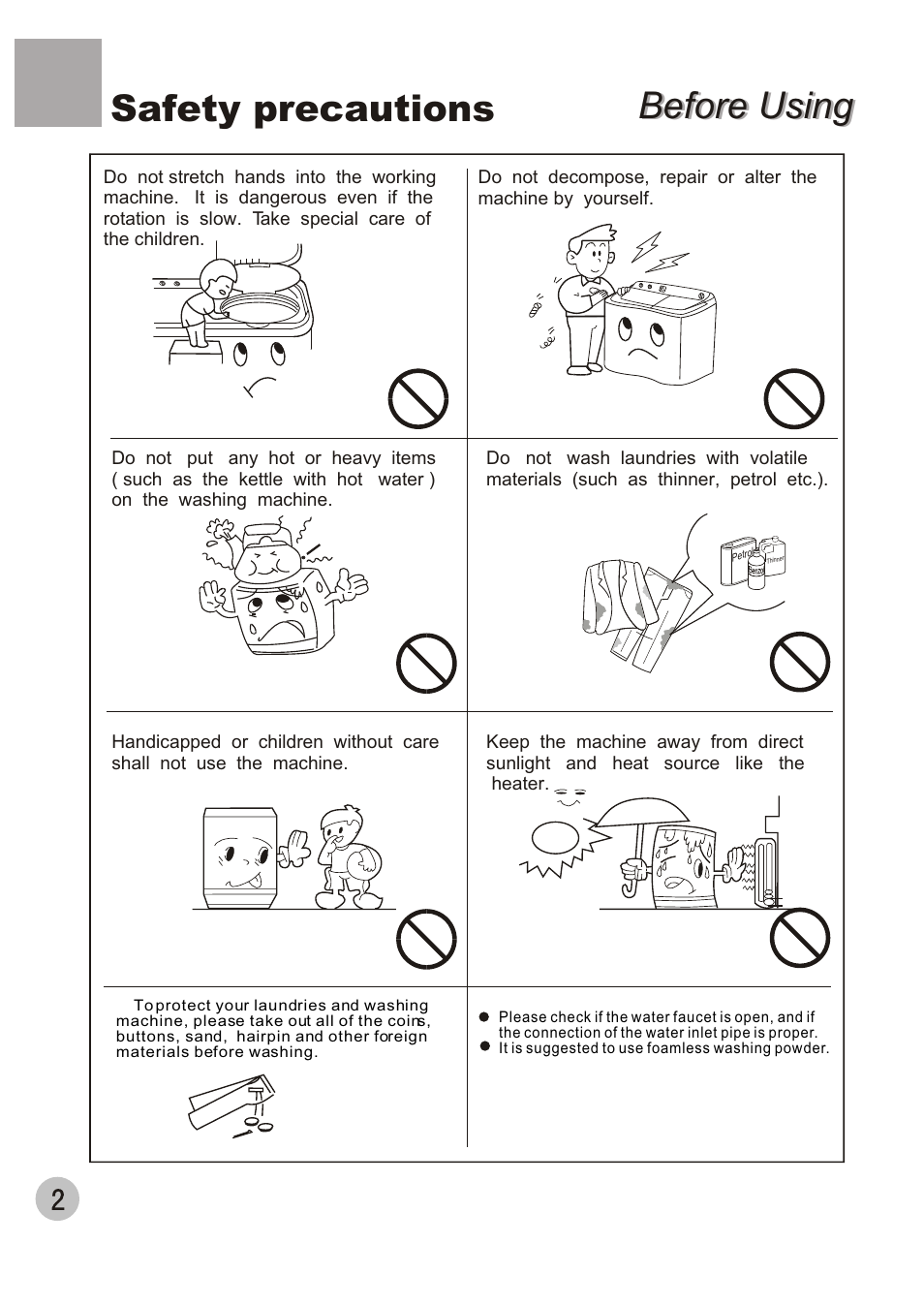 Before using, Safety precautions | haier WMS656 User Manual | Page 4 / 20