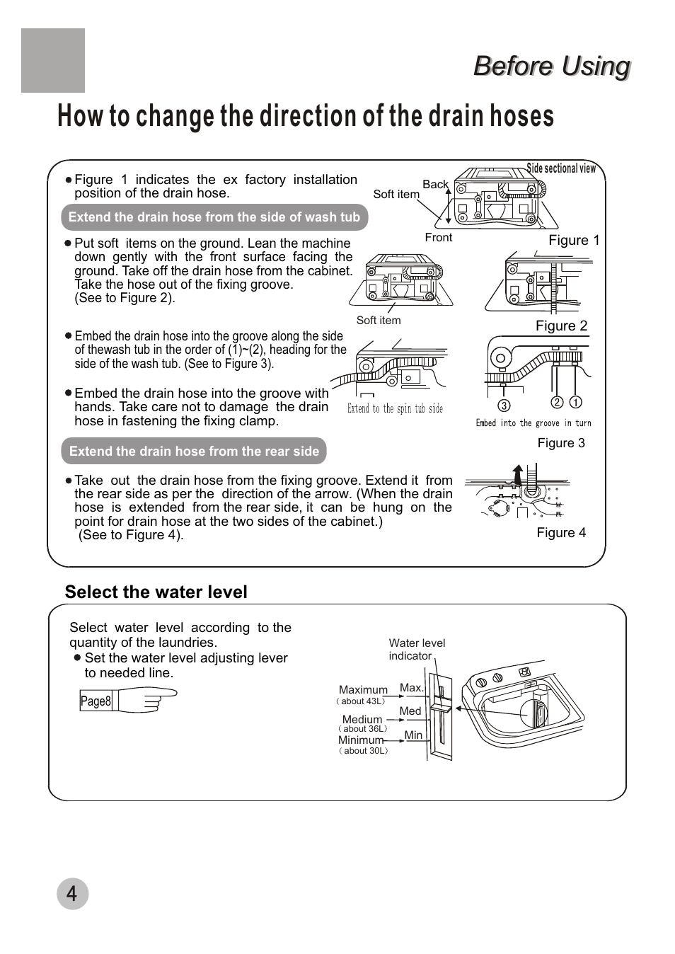 How to change the direction of the drain hoses, Before using, Select the water level | haier WMS656 User Manual | Page 6 / 20
