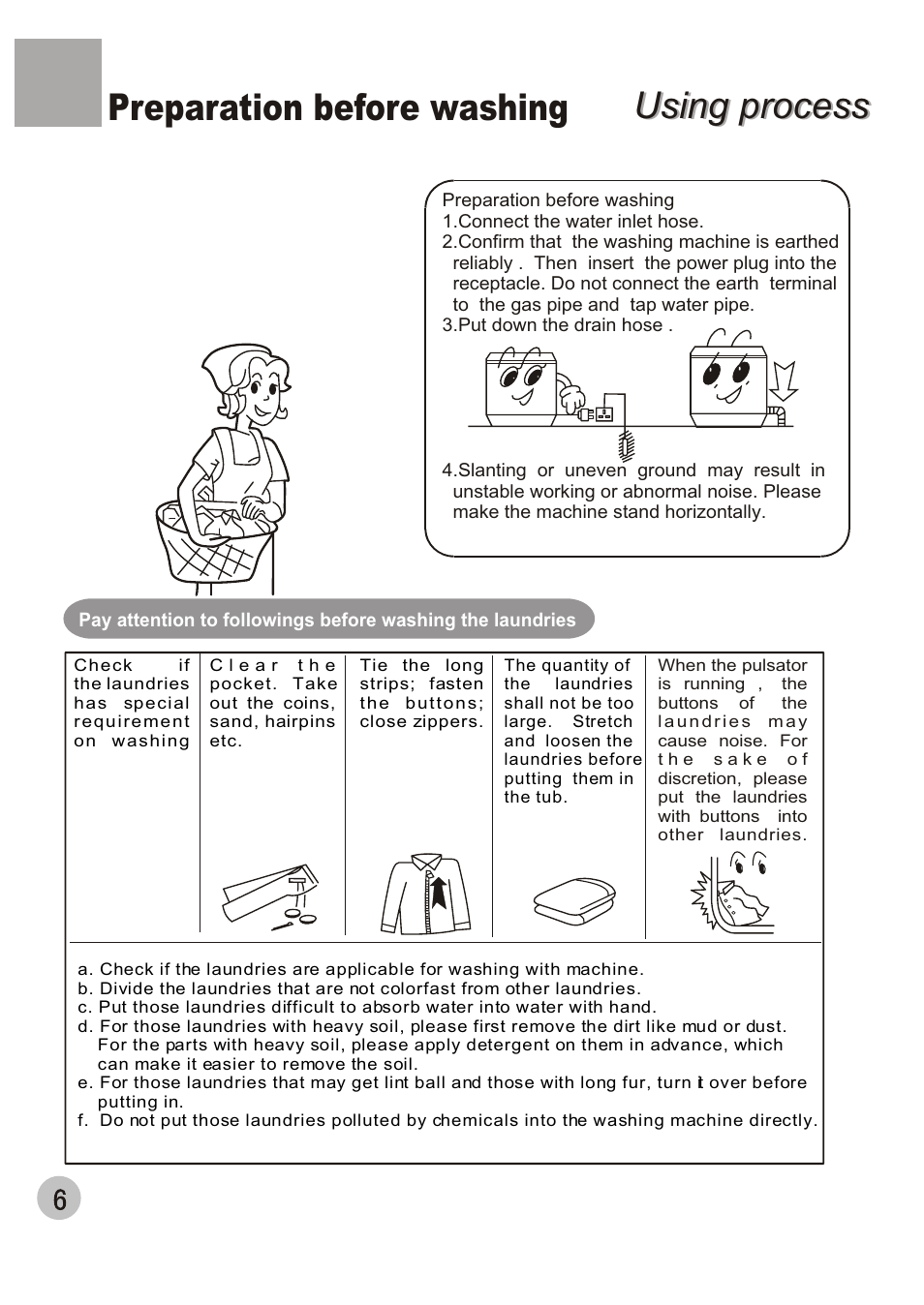 Using process, Using process preparation before washing | haier WMS656 User Manual | Page 8 / 20