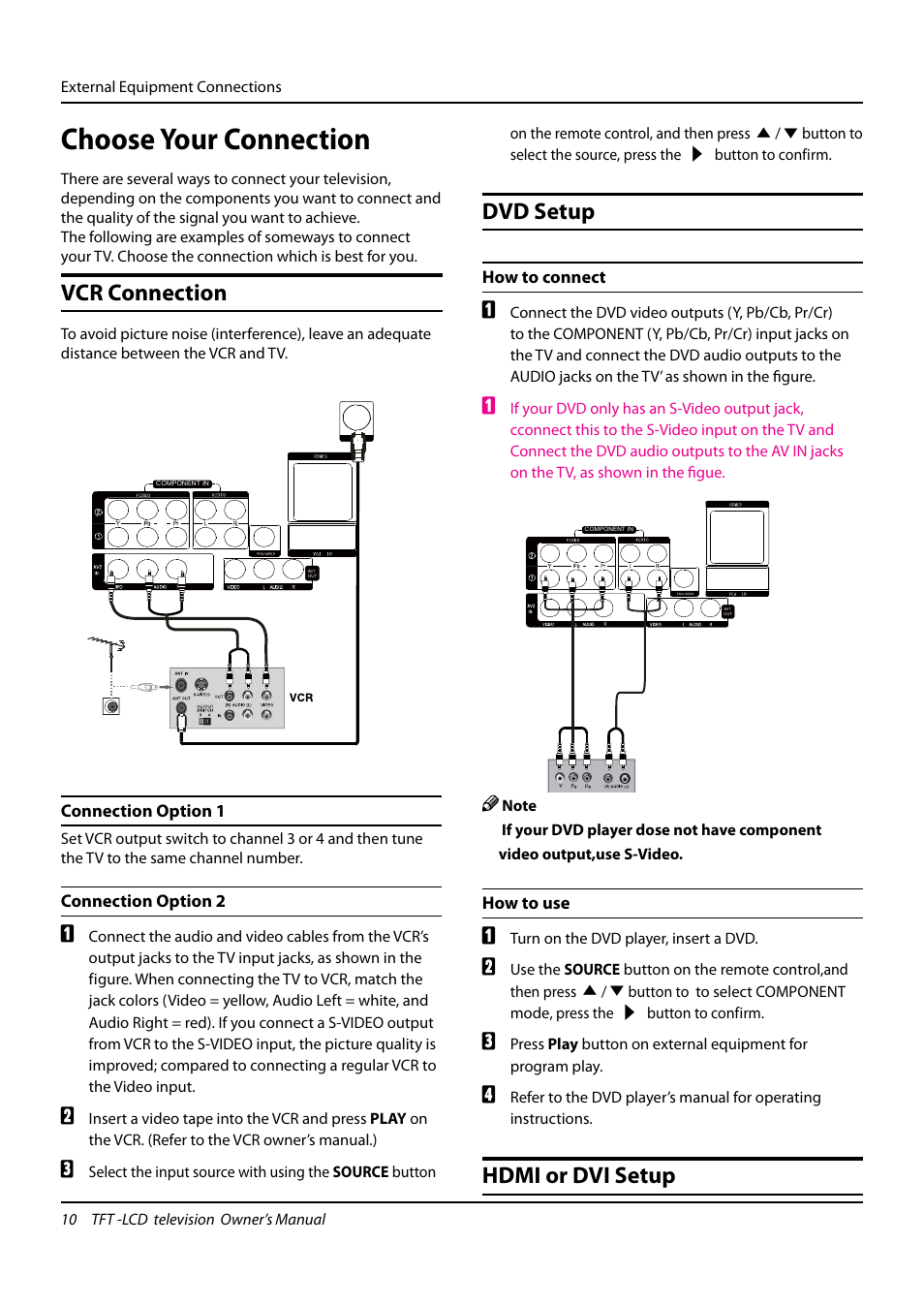 Choose your connection, Vcr connection, Dvd setup | Hdmi or dvi setup | haier TFT-LCD TELEVISION L32K3 User Manual | Page 10 / 27