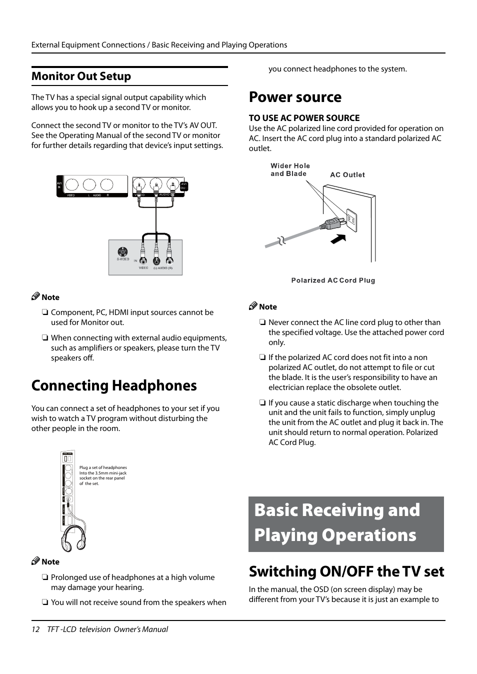 Basic receiving and playing operations, Connecting headphones, Power source | Switching on/off the tv set, Monitor out setup | haier TFT-LCD TELEVISION L32K3 User Manual | Page 12 / 27