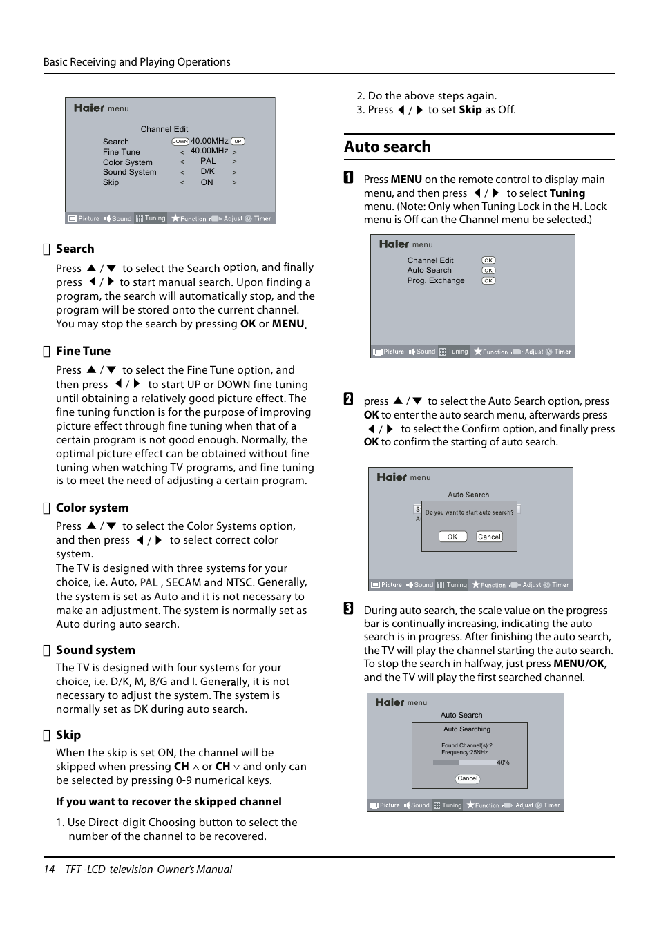 Auto search | haier TFT-LCD TELEVISION L32K3 User Manual | Page 14 / 27